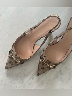 Gucci Beige Monogram Pointed Slingback Heels with Gold Hardware